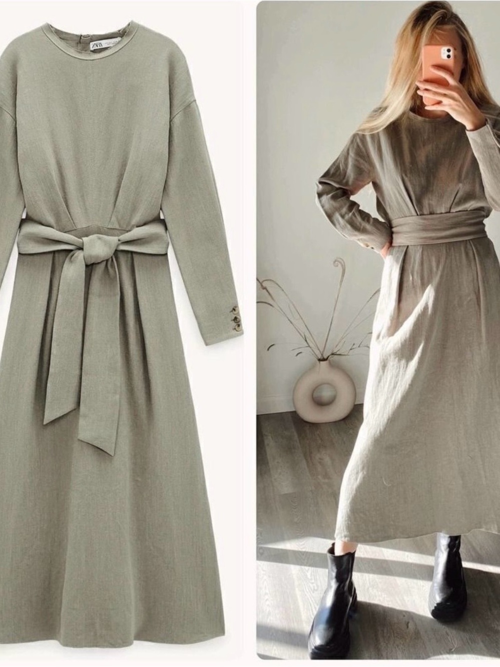 Women Zara NWT FLAWED Minimalist Olive Long-Sleeve Midi Dress W/ Waist Tie Large